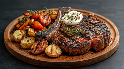 Charred T-bone steak with roasted fingerling potatoes, grilled vegetables, topped with herb butter, a hearty dish celebrating rich flavors and satisfying textures.