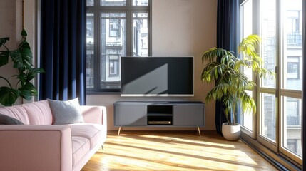 Pink loveseat in a modern apartment with gray TV stand and bamboo floors.