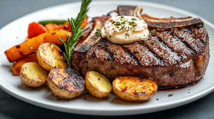 Savory T-Bone Delight, a perfectly charred thick-cut T-bone steak, accompanied by roasted fingerling potatoes, grilled vegetables, and a rich herb butter topping.