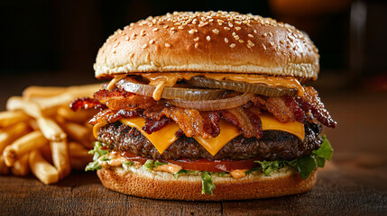 Gourmet Cheeseburger Delight, an indulgent burger stacked high with crispy bacon, gooey cheddar, and sweet caramelized onions, accompanied by a side of crispy golden fries.