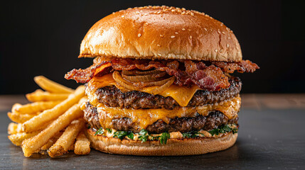 Gourmet Bacon Cheeseburger Delight, a towering creation featuring crispy bacon, melted cheddar, and caramelized onions, paired with golden, crunchy fries for a satisfying meal.