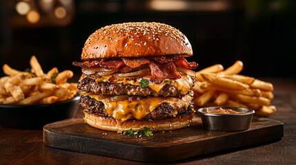 Epic cheeseburger stacked high with crispy bacon, melted cheddar, caramelized onions, accompanied by a side of golden crunchy fries, a feast for burger lovers.