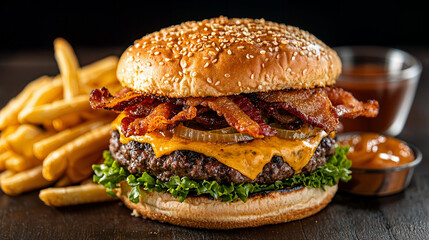 Ultimate Bacon Cheeseburger Feast, a towering delight of crispy bacon, melted cheddar, caramelized onions, accompanied by a side of golden, crunchy fries.