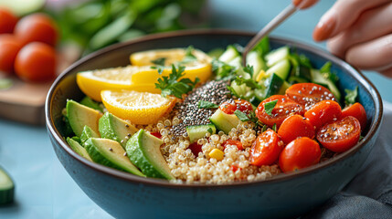 Colorful quinoa salad featuring creamy avocado, juicy cherry tomatoes, crunchy cucumber, topped with chia seeds and zesty lemon vinaigrette, perfect for a healthy meal.