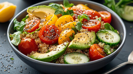 Vibrant quinoa salad with fresh avocado, cherry tomatoes, crisp cucumber, garnished with chia seeds and lemon vinaigrette, a healthy and colorful dish perfect for any meal.