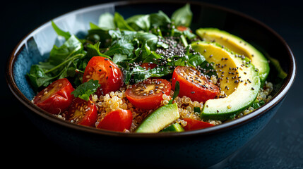 Colorful quinoa salad with creamy avocado, juicy cherry tomatoes, crunchy cucumber, topped with chia seeds and zesty lemon vinaigrette for a refreshing meal.