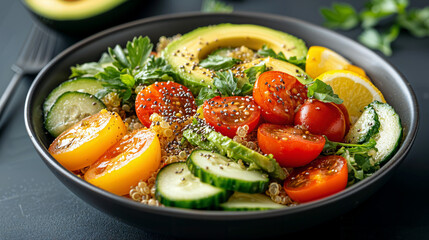 Colorful quinoa salad with creamy avocado, juicy cherry tomatoes, crunchy cucumber, topped with chia seeds, finished with zesty lemon vinaigrette.