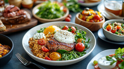 Gourmet Culinary Delights, an exquisite array of vibrant dishes showcasing fresh ingredients, artful presentation, and diverse flavors from global cuisines.