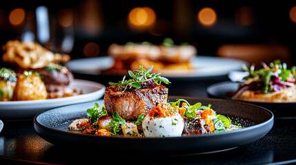 Culinary Delights, a vibrant spread of colorful dishes showcasing fresh ingredients, aromatic spices, and enticing presentation, perfect for a festive gathering or intimate dinner.