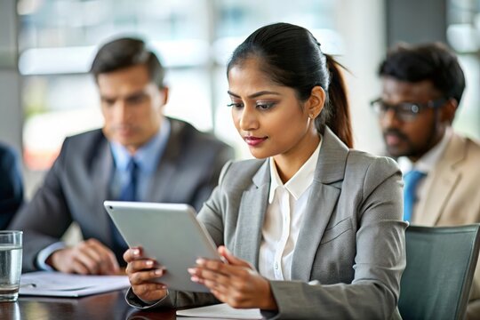 Indian Businesswoman Analyzing Data - An Indian woman analyzing data on a tablet during a business meeting.
