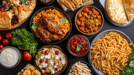 Gourmet Feast, a vibrant table spread featuring an array of colorful dishes, fresh ingredients, and artistic plating, inviting exploration of diverse culinary flavors and textures.