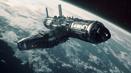 Orbiting space station sleek spacecraft near distant planet metallic finishes cool tones highly detailed 3D rendering