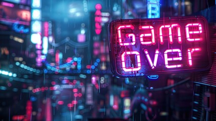 Neon Game Over sign glowing in rainy futuristic cityscape at night.