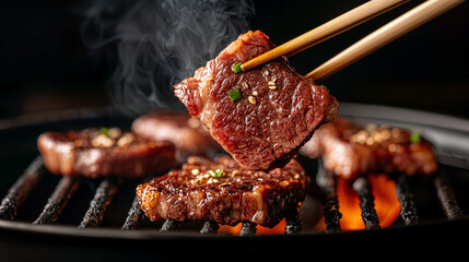 Smoky Essence, a tender piece of meat kissed by flames, highlighting the deep, robust flavors of gourmet grilling.