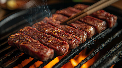 Gourmet Flavors, a luscious slice of Wagyu, sizzling on the grill, promising a mouthwatering experience for discerning palates.