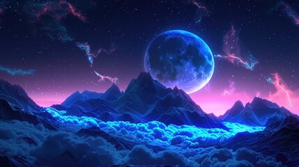 Beautiful glowing mountains and moon design. Wallpaper.