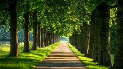 Obraz premium A row of green trees lining a path, creating a natural tunnel