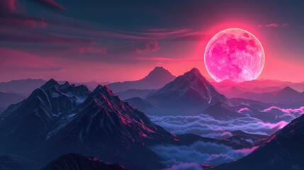 Beautiful glowing mountains and moon design. Wallpaper.