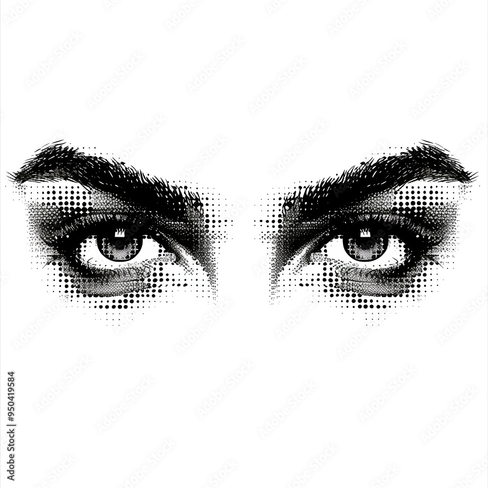 Poster pair of eyes with expressive eyebrows in halftone gradient made of dots, isolated on clear white background