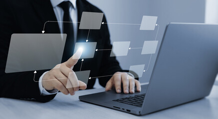 Digital technology of business process and workflow automation with flowchart and processing...