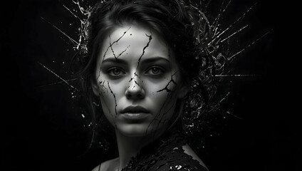 Intriguing Gaze:  A woman's intense, enigmatic gaze is captured in this striking, black and white portrait, with dramatic splashes of paint framing her face.  