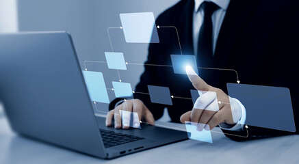 Digital technology of business process and workflow automation with flowchart and processing...