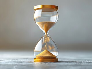 A close-up of an hourglass with gold accents as sand trickles down, capturing the passage of time.