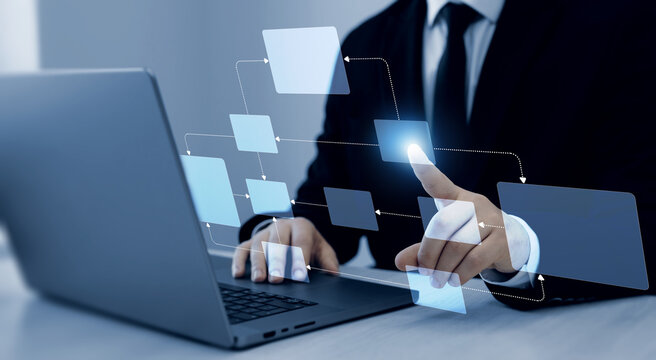 Digital technology of business process and workflow automation with flowchart and processing management.Scheme hierarchy management of corporate. 