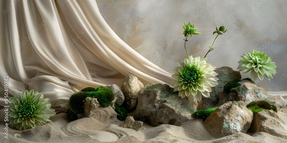 Poster green flower arrangement with stones and silk fabric