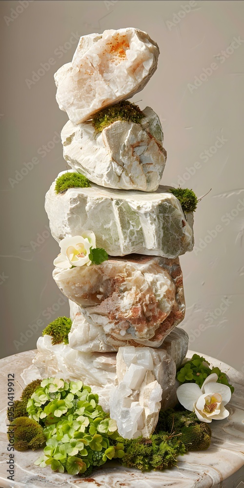 Sticker stacked stones with moss and flowers