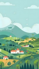 Fototapeta premium Green Hills Landscape with Church and Houses Illustration