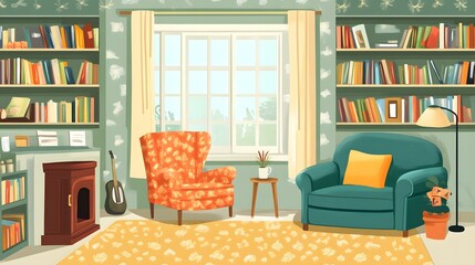 Cozy Living Room with Bookshelves and Armchairs