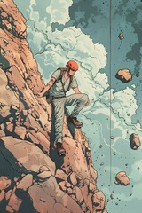 Man Climbing Mountain Cliff with Rope