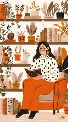 Woman Reading a Book in a Cozy Living Room with Plants and Bookshelves
