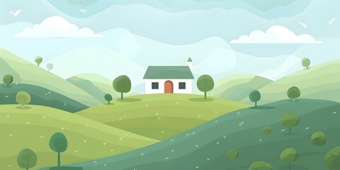 Green Hills With a Small House Illustration