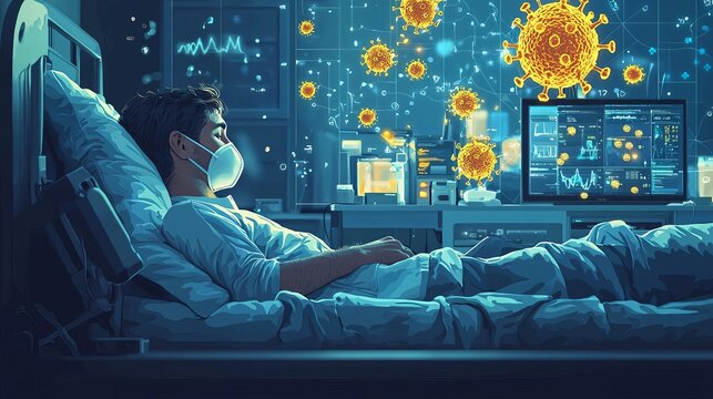 A detailed image of a patient undergoing treatment for an influenza infection, focusing on the medicine's effectiveness and the body's response, with attention to viral resistance
