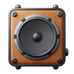 A speaker with a brown case and black speaker