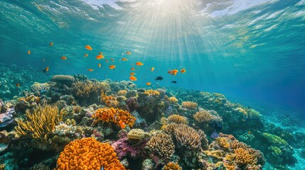 Obraz premium Vibrant coral reef teeming with colorful fish and marine life in clear turquoise waters
