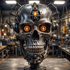 A robotic sculpture shaped like a metal skull, intricately designed with mechanical components, illuminated by glowing eyes and located in an industrial workshop.