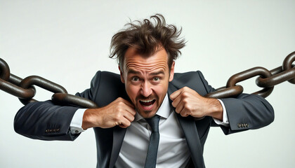 Stressed businessman pulling heavy chain around his neck