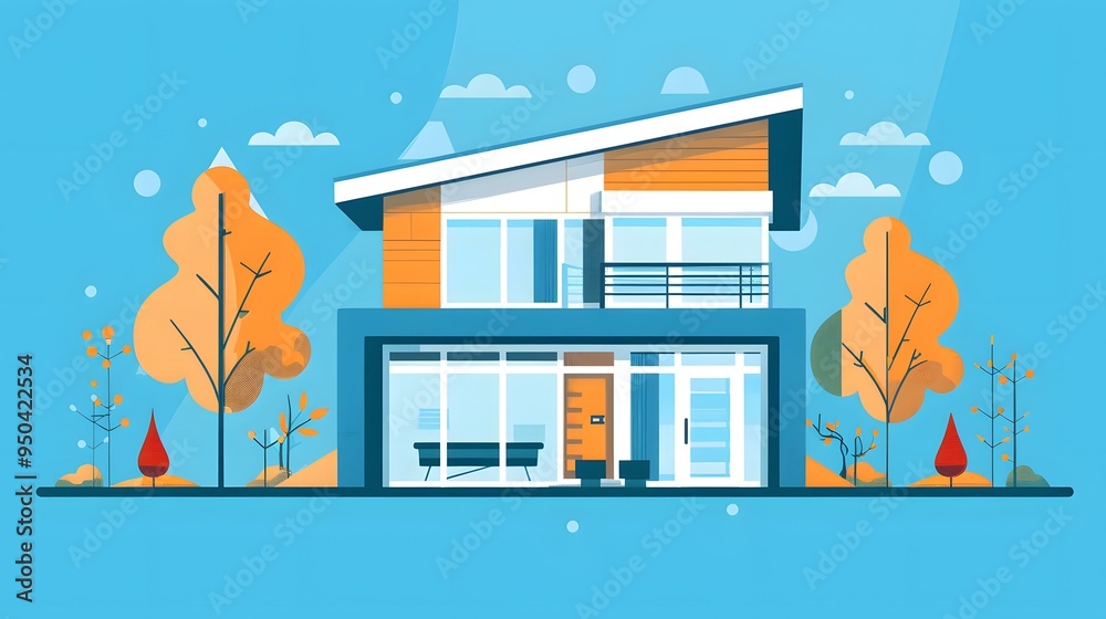 Sticker Modern House Illustration with Autumn Trees