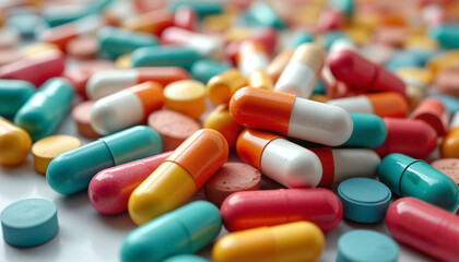 Colorful pills and capsules forming a medical background