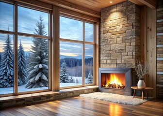 Room with fireplace and winter landscape 