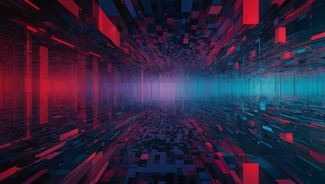 Neon Data Stream: A mesmerizing fusion of red and blue hues illuminate a digital labyrinth, where vertical lines of light dance through a shadowy matrix