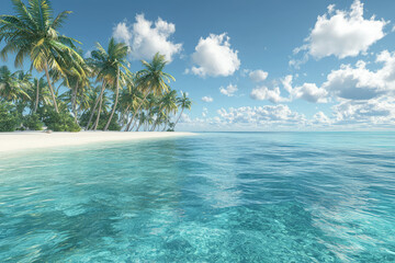 A breathtaking tropical beach scene with swaying palms, crystal-clear waters, and vibrant blue skies inviting relaxation.
