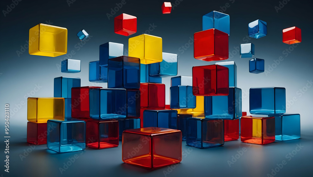 Poster abstract floating cubes: a mesmerizing display of vibrant red, yellow, and blue cubes dance in a thr