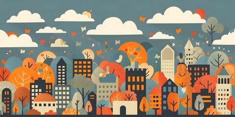 Autumn Cityscape With People And Birds