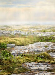 Naklejka premium Green Moss on Rocks with Foggy Landscape in Background