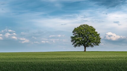 A solitary green tree standing in an open field, strong and majestic