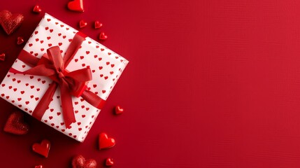 Valentine's day gift. Banner design with present box and hearts on red background.